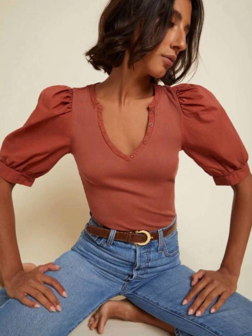 Nation LTD Natalie Puff Sleeve Henley Tee Size Large Terra Cotta Orange L